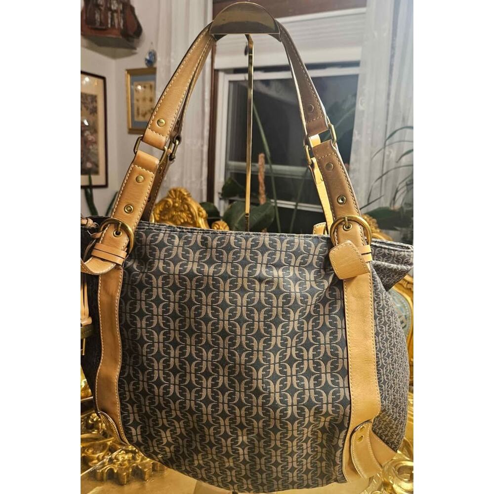 Oversized Fossil Nylon Shoulder Bag – Signature “F” Print, Faux Leather Trim
